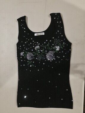 Betsy Fashion Black Sequin Floral Tank Top